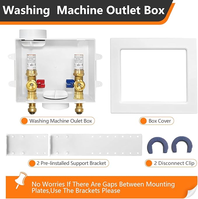 1-Pack HeSun Washing Machine Outlet Box, 1/2 Inch Push-Fit Inlet x 3/4 Inch MHT Outlet, Push to Connect Pex Washer Box with Center Drain,with Copper Water Hammer Arrestor(WM015)