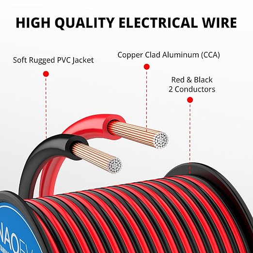 NAOEVO 20 Gauge Wire 300FT, 2 Conductors Electrical Wire Red Black Cable, Flexible/Low Voltage/PVC 20 AWG Copper Clad Aluminum Extension Cord for Speaker, LED Strips, Automotive 12V/24V DC