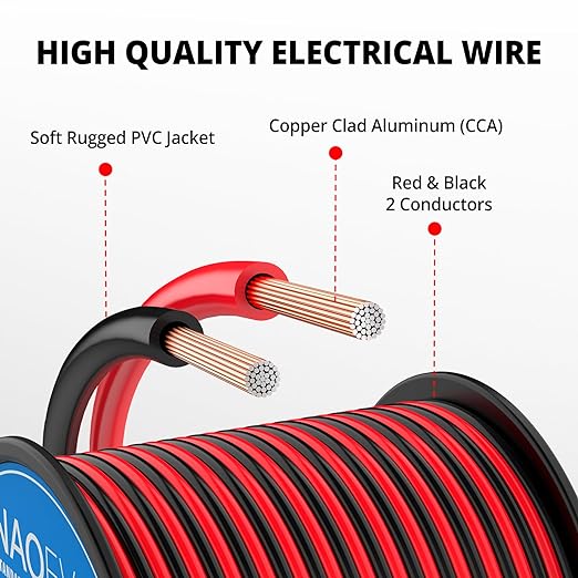 NAOEVO 20 Gauge Wire 500FT, 2 Conductors Electrical Wire Red Black Cable, Flexible/Low Voltage/PVC 20 AWG Copper Clad Aluminum Extension Cord for Speaker, LED Strips, Automotive 12V/24V DC