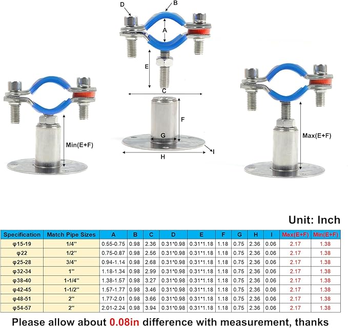 Kodilin 4PCS 304 Stainless Steel Wall Mount Ceiling Mount Pipe Supports,Suitable for OD Pipe 3/4"(25-28mm),Adjustable Height 30-50mm,Adjustable Pipe Strap Clamp with Screws