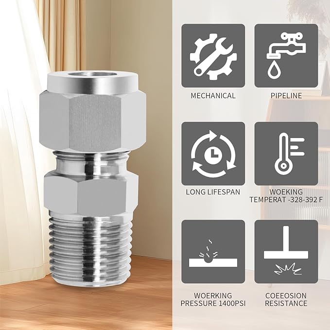 ChillWaves 304 Stainless Steel Compression Tube Fitting, 3/4" OD x 3/4" NPT Male Compression Union Connector(1-PACK)