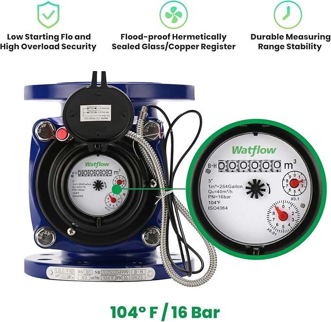 Watflow 3" WoltmannHelix Water Meter,Detachable Water Meter,Pulse Output, Epoxy-Coated Cast Iron,Resistant Seals（Cubic,Non-Potable Use）