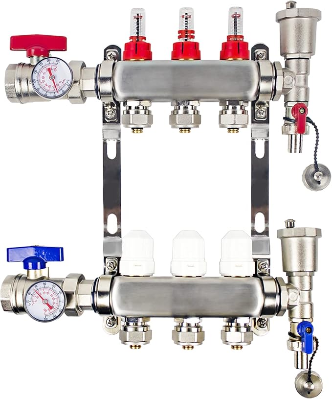 AB 3 Loop PEX/Radiant Manifold, 1/2 Inch Compatible Outlets, Up to 1.4 GPM Flow Valve for Hydronic Radiant Floor Heating(1/2" Connectors Included)