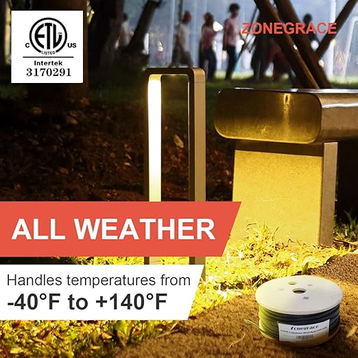 Zonegrace 12AWG 2-Conductor 12/2 Direct Burial Wire for Low Voltage Landscape Lighting, 265ft