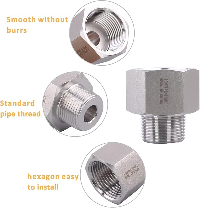 Forged Reducer Adapter Fitting - Stainless Steel 304 Reducing Pipe Connector, 1" NPT Female x 3/4" NPT Male (pack of 5)