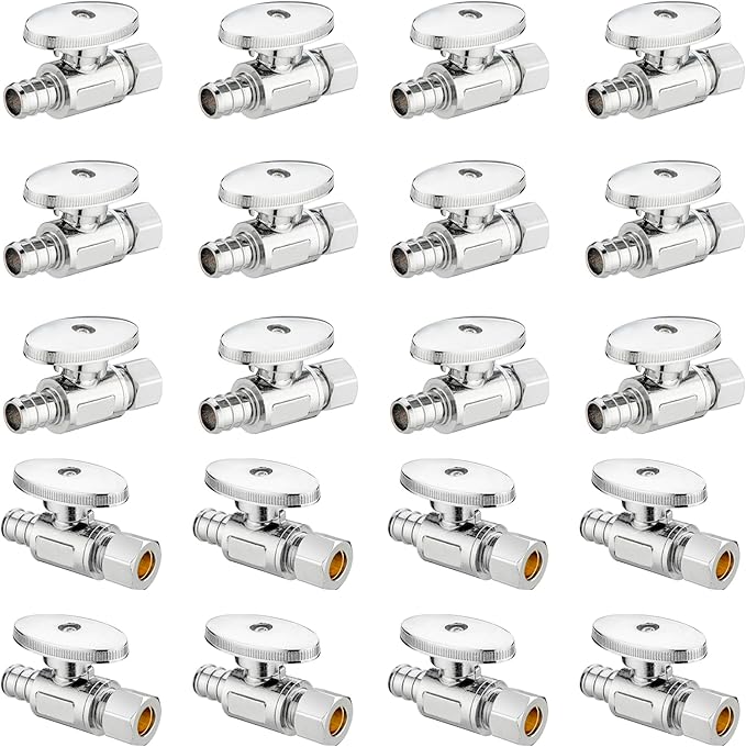 (20 Pack) Lidertik 1/2 inch Straight PEX-B Angle Stop Valve 1/2 inch x 3/8 inch Compression for Water Toilet Bathroom Sink Brass Plated Chrome 1/4 Turn Valve LI-JF1-1807-S(20 PCS)