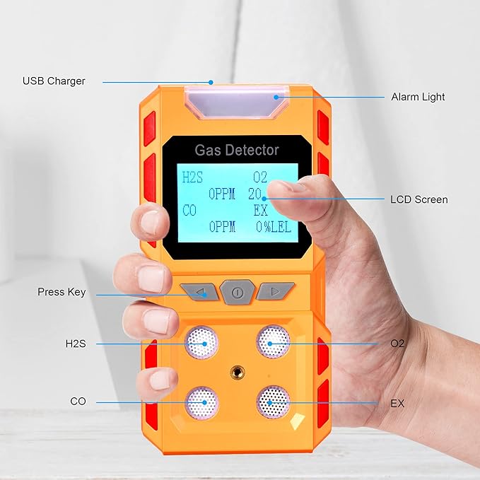 Upgrade Portable Voice Type 4 Gas Detector Monitor, Handheld 4 in 1 Gas Meter Tester with Digital LCD Display, Upgrade Model Rechargeable Lithium Battery Powered (Orange)