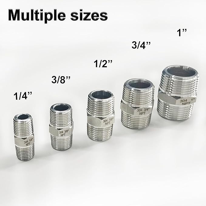 ZOUNI Hex Nipple 3/8" Male x 3/8" Male Pipe Fittings, 304 Stainless Steel 3/8 inch NPT Male Threaded Pipe Adapter Fittings Equal Nipples Connectors, Male Straight Connector Pipe Fitting
