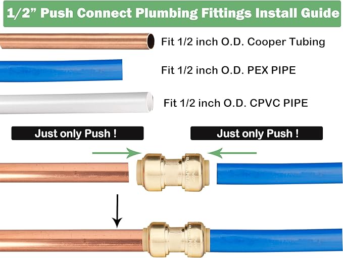 WHK 12 Pack 1/2" Push-to-Connect Plumbing Fittings,Straight Push Fittings 1/2 Pushfit Coupling Kit with Disconnect Clip,Brass Push Fit Connector for Copper, PEX, CPVC Pipe(Certificate)