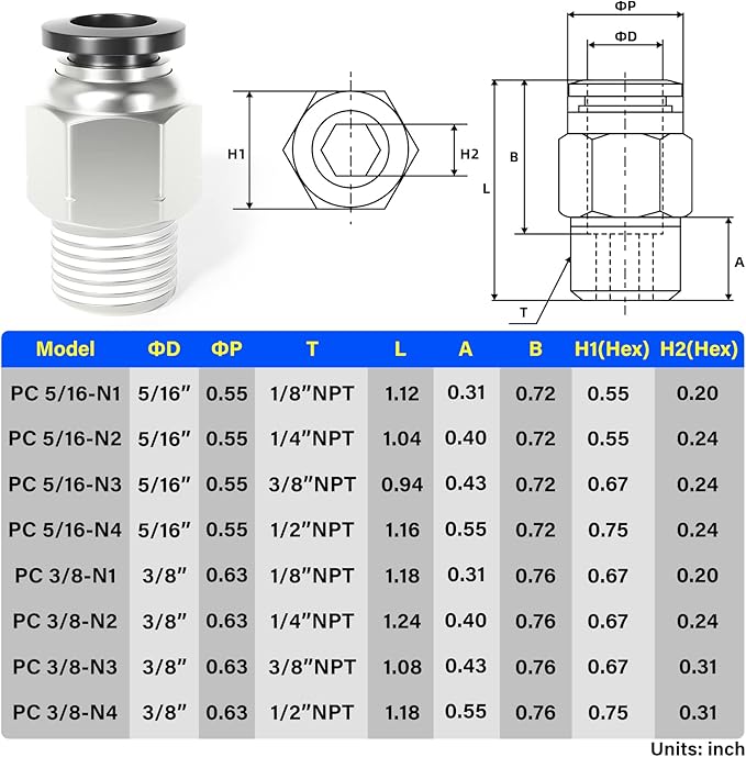 TAILONZ PNEUMATIC Male Straight 5/16 Inch Tube OD x 1/8 Inch NPT Thread Push to Connect Fittings PC-5/16-N1 (Pack of 2)