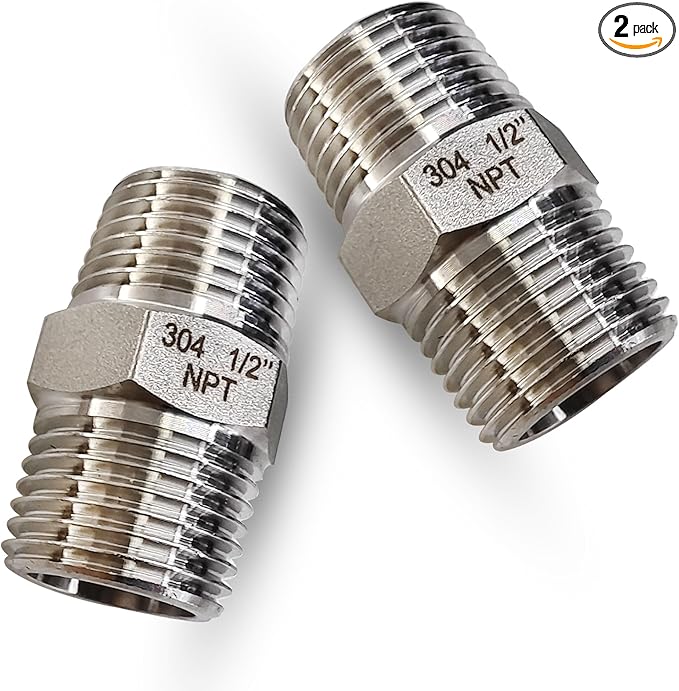 1/2" Male to Male NPT Hex Nipple Pipe Fittings, 304 Stainless Steel 1/2 inch MNPT Threaded Pipe Adapter Equal Straight Nipples Connector Fitting, 2pcs