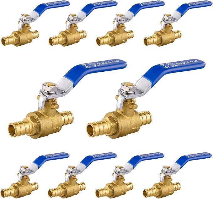 10-Pack Foskan 1/2 Inch PEX Crimp Full Port Ball Valve with Blue Handle, Brass Quarter Turn Shut-off Valve for PEX Tubing