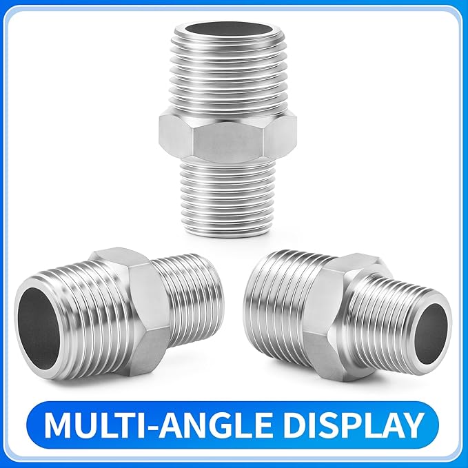 ChillWaves 304 Stainless Steel Pipe Fitting, Reducer Hex Nipple 1/2" NPT Male x 3/8" NPT Male Thread Adapter(6-PACK)