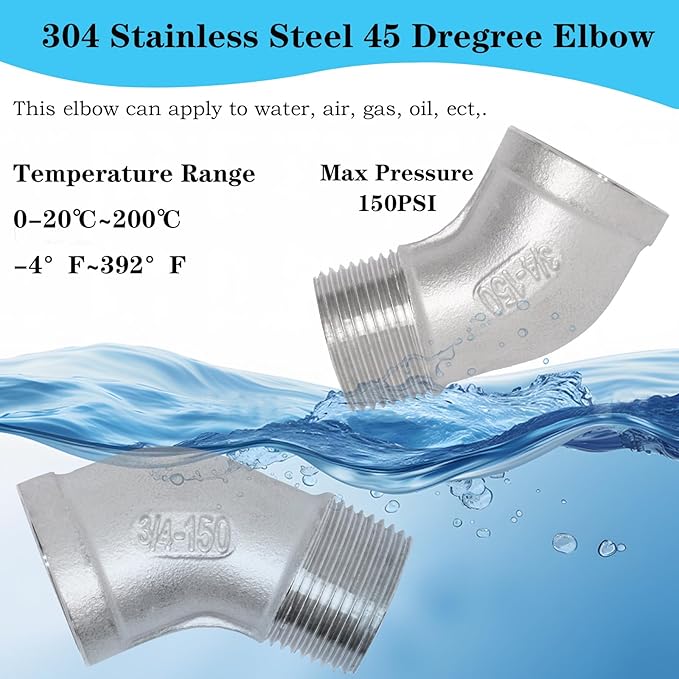2PCS 304 Stainless Steel 45 Degree Elbow, 3/4" NPT Male Pipe to 3/4" NPT Female Coupler, Heavy Duty Forged Street Elbow Adapter Pipe Fittings, Class 150