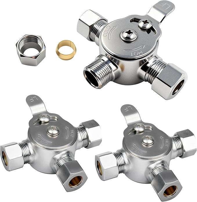 3 PCS Below Deck Mixing Valve, Manual Water Mixing Valve Hot Cold Water Mixer with 3/8"Inch Inlets and Outlet, Compression Sleeve and Nuts Included