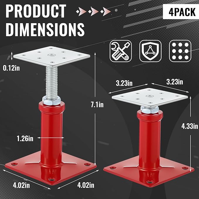 4 Pcs Adjustable Jack Post, 4.3-7 Height Range, Basement Floor House Screw Jacks for Lifting Joist Beam Brace for Cellar Ceiling, Center Point Load Capacity 11023 Lbs, Red