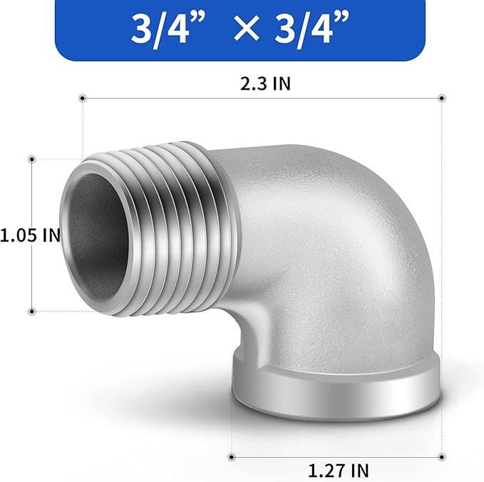 TAISHER 2PCS 304 Stainless Steel 90 Degree elbow,3/4 Inch NPT Male Pipe to 3/4 Inch NPT Female 304 Stainless Pipe Fitting