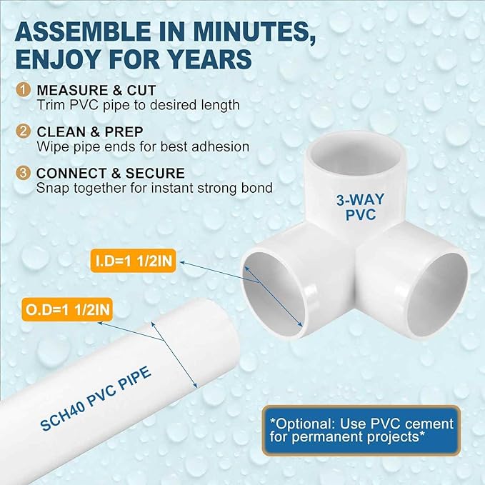 8 Pack 1 1/2" SCH40 PVC Elbow Pipe Fitting, 3-Way PVC Elbow Corner Side Outlet Tee Fitting, Furniture Grade Pipe Connectors for DIY Project, Pond Protection, Socket x Socket, White