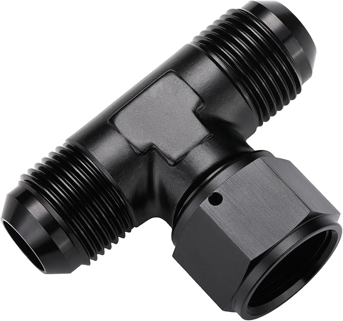 12AN Male Flare Tee T Fitting Adapter with AN12 Female Swivel On Side Aluminum Black