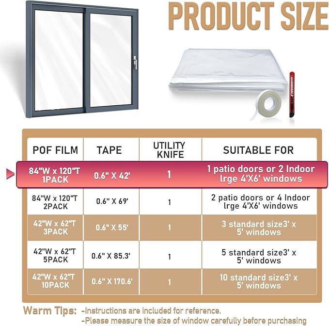 Large Patio Door Shrink Film Window Insulation Kit Cuttable with AdhesiveTransparent,Window Plastic for Winterizing Thicken Thermal Waterproof Insulation Cover Warm Winter (1Pack, 84"W x 120"T)