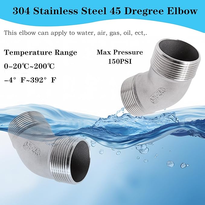 1PCS 304 Stainless Steel 45 Degree Elbow, 1-1/2" NPT Male Pipe to 1-1/2" NPT Male Coupler, Heavy Duty Forged Street Elbow Adapter Pipe Fittings, Class 150