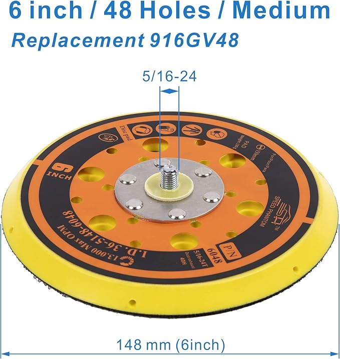 6 inch with 48 Holes Hook and Loop Backing Pad for Air Sander Polisher, 5/16"-24 Thread Max 13000RPM, Pack of 1