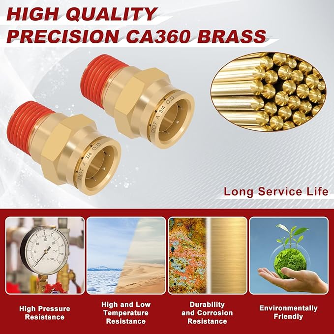 3/4" Quick Push to Connect Fittings Brass Union Straight Joint DOT Approved 3/4" Tube OD x 1/2" NPT Thread Air Line Adapter Air Suspension Kit for Truck Trailers and Air Brake System 10pcs