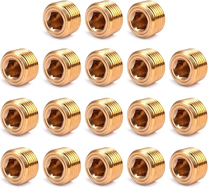 18PCS Brass Pipe Plug Fitting 1/8" NPT Male Plug Hex Counter Sunk Plugs,Internal Hex Thread Socket Pipe Plugs Kit