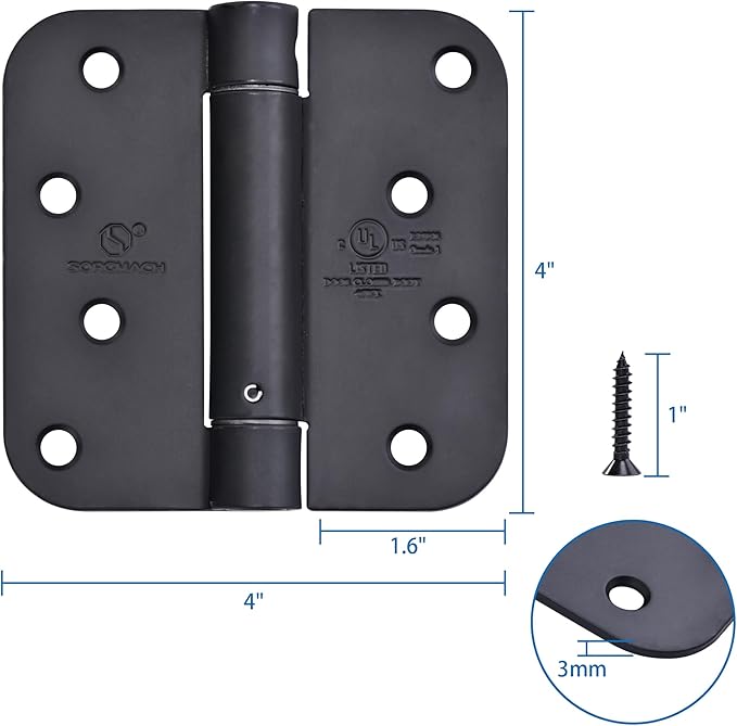 Self Closing Door Hinges 4 inch Matte Black Auto Close Hinge Adjustable 4 x 4 Inch Spring Hinges 5/8" Radius Corner Commercial Auto Door Closer Hinge UL Listed, 6 Pieces