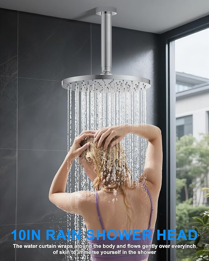 Shower System with Pressure Balance Valve, 10" Ceiling Mount Shower Faucet Set with 2 Rain Shower Head And Multi-function Handheld Head Push Button Diverter Pressure Balancing Valve Kit, Chrome