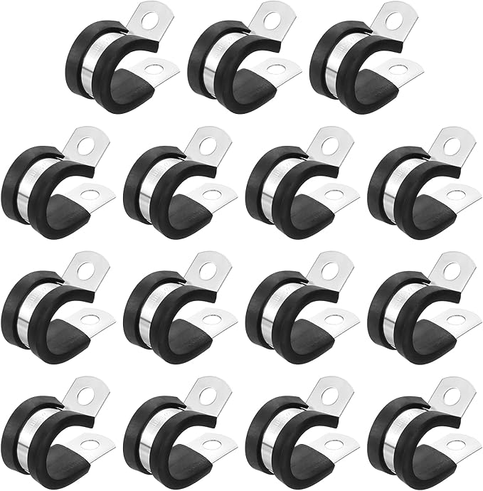 uxcell 5/8"(16mm) Cable Clamp, 304 Stainless Steel Rubber Cushioned Insulated R Shape Metal Clamp Tube Holder for Pipe Hose Wire Cord Installation 15Pcs