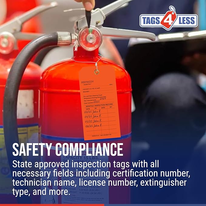 Tags 4 Less Custom Fire Extinguisher Tags – Preventative Maintenance Labels for Monthly Inspections, Alternative to Safety Sticker for Easy Record-Keeping – Pack of 100 (Orange, Vinyl Plastic)