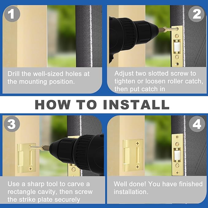 HOMOTEK 2 Pack Commercial Heavy Duty Door Roller Catch, Drive in Ball Catch with Strike Plate Solid Zinc Adjustable Silent Door Latch, Spring Tension Roller, Brushed Brass