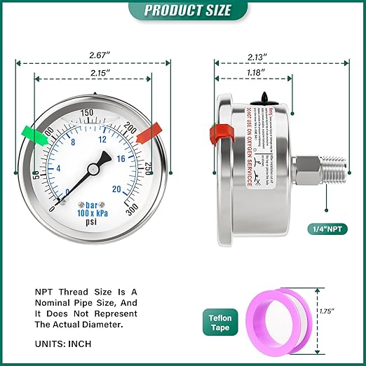 0-300PSI Stainless Steel Liquid Filled Pressure Gauge, 2.5" Dial Size, 1/4" NPT 316 Stainless Steel Joint, Back Mount, for Tube, Water Pump, Gas, Liquid (with Range Mark Pointer)