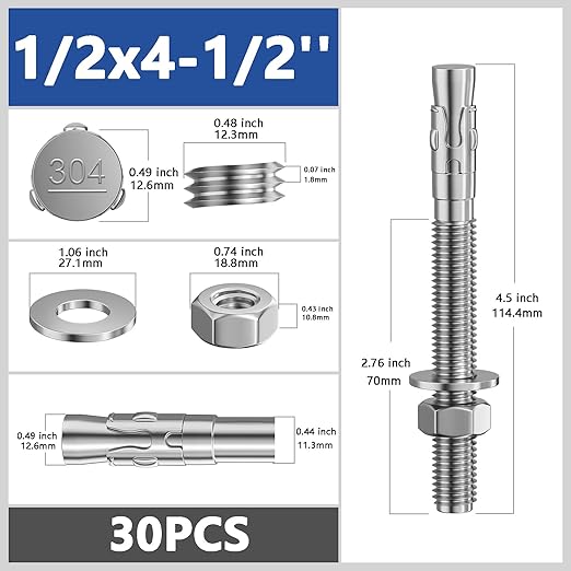 30Pcs 1/2x4-1/2 Inch Standard Fasteners for Heavy-Duty 304 Stainless Steel Wedge Anchors for Cement and Concrete