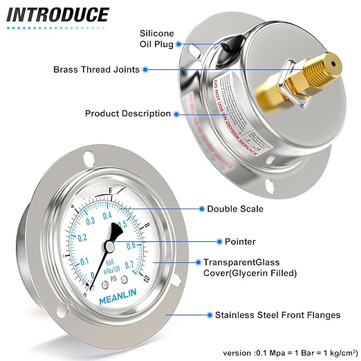 MEANLIN MEASURE 0~10Psi Liquid Filled Pressure Gauge Front Flange Panel Mount, 1/4" NPT 2.5" FACE DIAL Stainless Steel Case with Phillips Screw, Nut and Brass Hex Bushing, +/-3-2-3%