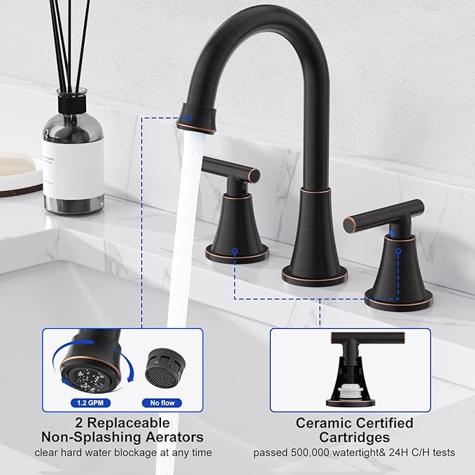 Bathroom Faucets for Sink 3 Hole, Hurran Oil Rubbed Bronze Bathroom Sink Faucet with Pop-up Drain and Supply Lines, Stainless Steel Lead-Free Widespread Faucet for Vanity RV, 2 Pack