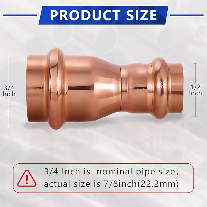 Copper Press Fittings 3/4" x 1/2" Copper Press Coupling Reducer, No-Lead Plumbing Pipe Connector | Water Supply & Hydronic Heating Systems | Durable Press Fit Design,10-Pack