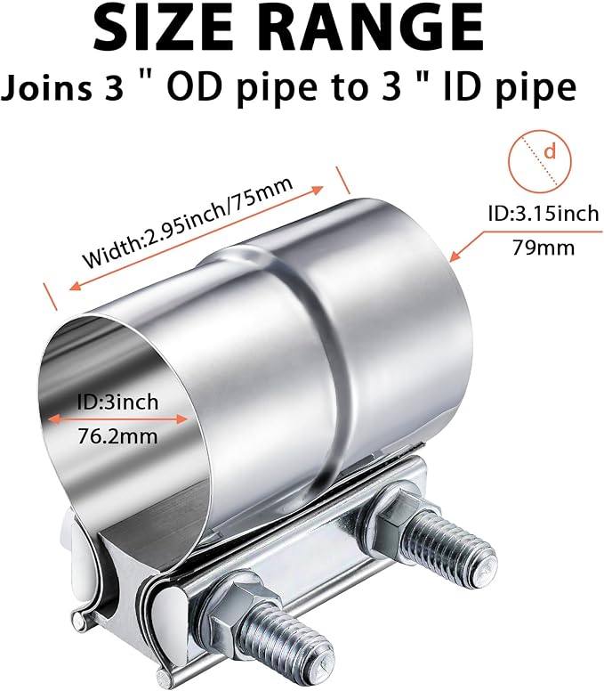 2 Pack 3 Inch Lap Joint Exhaust Band Clamp, 304 Stainless Steel Exhaust Muffler Clamp, Exhaust Pipe Clamps Sleeve Coupler for Exhaust Pipes, Mufflers and Catalytic Converters