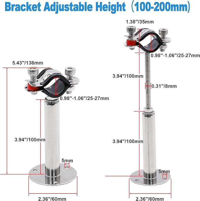 2 Pack Pipe Supports,304 Stainless Steel Wall Mount Ceiling Mount Pipe Bracket Clamp Ring Hanger with Screws for Pipe OD 25-27mm, Bracket Adjustable Height 100-200mm