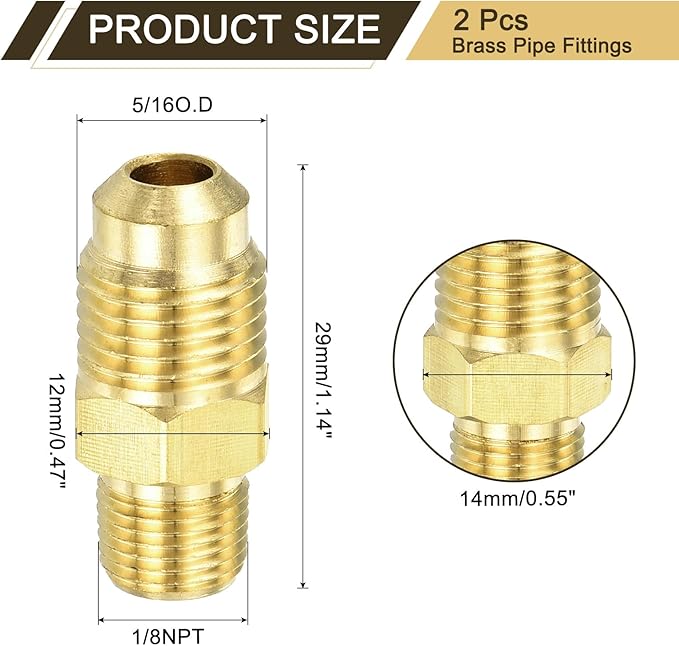uxcell Brass Tube Fitting, 5/16O.D x 1/8NPT Brass Flared Pipe Adapter Fittings Reducing Nipples Connector, Half Union Gas Adapter for Pipe Connections, Hydraulics, Refrigeration