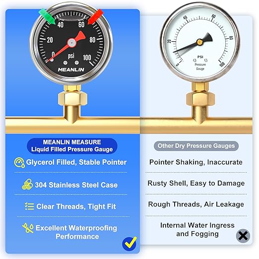 MEANLIN MEASURE 0~100Psi Black Stainless Steel Pressure Gauge, Glycerin Filled 1/8" NPT 1.5" FACE DIAL, Liquid Filled Pressure Gauge WOG Water Oil Air Lower Mount (with 2PCS Snaps)