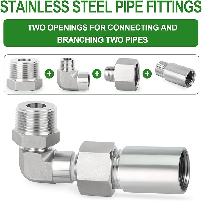 TAISHER 3PCS 304 Stainless Steel 90 Degree Barstock Street Elbow 1/2" MNPT × 1/2" FNPT, Hex Bushing 1" MNPT × 1/2" FNPT，Reducer Adapter 1" FNPT × 1/2" MNPT.(1" MNPT × 1" FNPT)