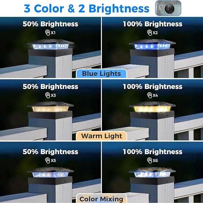 Peasur 2pack 4x4 Solar Post Lights Outdoor, Blue & Warm White LED Fence Caps Light Waterproof, Wood & Vinyl Post Top Lighting for Deck Mailbox Railing Porch Outside
