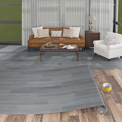 Freshtour Vinyl Flooring Roll, Versatile Removable PET Leather-Like Floor Covering, Waterproof & Durable, Easy Tape Installation, Cost-Effective for Any Room, Grey Oak/ 32.29 Sq.ft (39.3" x 118")