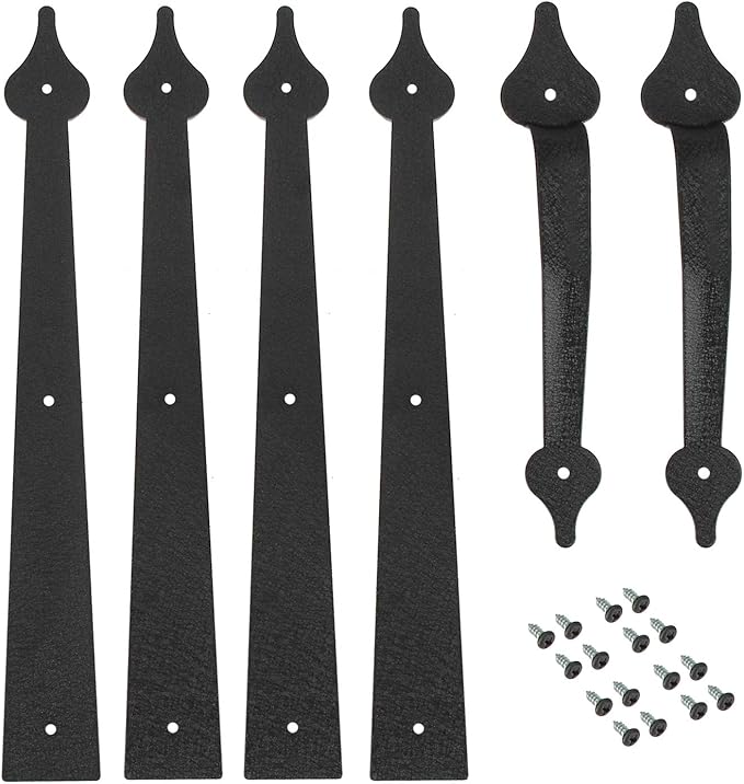Homode Decorative Garage Door Hinges Handles, Faux Garage Door Accents, Metal Handles Hinges Hardware Kit, Screw Mounted, Black, Spear Style (4 Hinges+2 Handles)