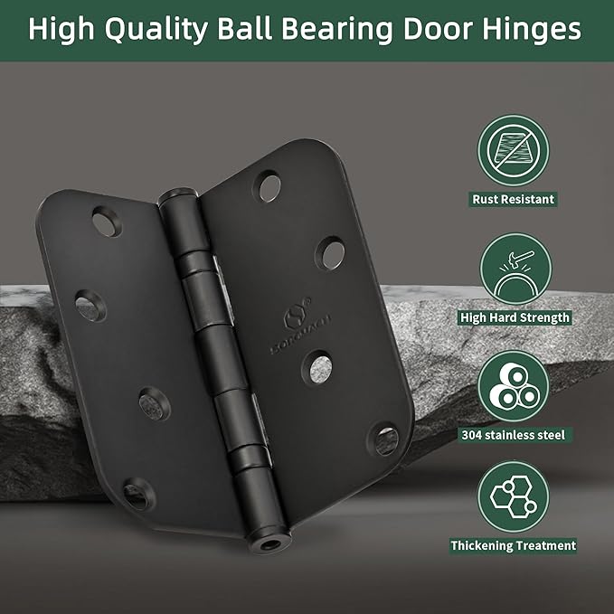 304 Stainless Steel 4 Inch Matte Black Door Hinges 5/8" Radius Corners Interior Hinges 4'' Ball Bearing Door Hinges- 3 Pack