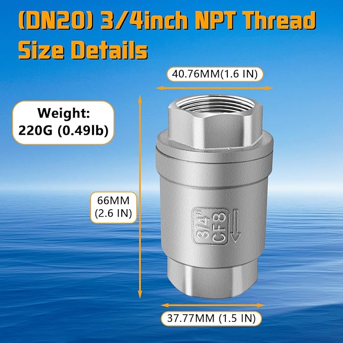 Stainless Steel 3/4 NPT Thread Non Return One Way Horizontal/Vertical Inline Water Check Valve for Well, Pump, Tank, Backflow Prevention