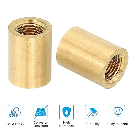 PATIKIL Lamp Pipe Brass Coupling Nut, 5 Pcs 20mm Long M10 Fine Round Thread Sleeve Lamp Pipe Adaptor Rod Connector Hardware for Light Fixture Assembly or Repair, 15mm OD.
