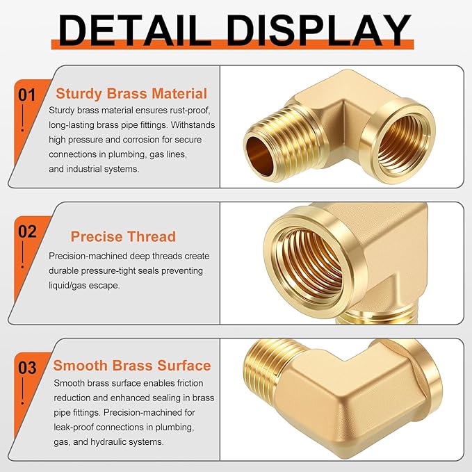 5 Pack 90° Barstock Street Elbow FeMale to Male Adapter, 1/4" NTP Female x 1/4" NTP Male Forged Brass Pipe Fittings for Industrial, Fluid Transfer, Home Gardening, Water Treatment
